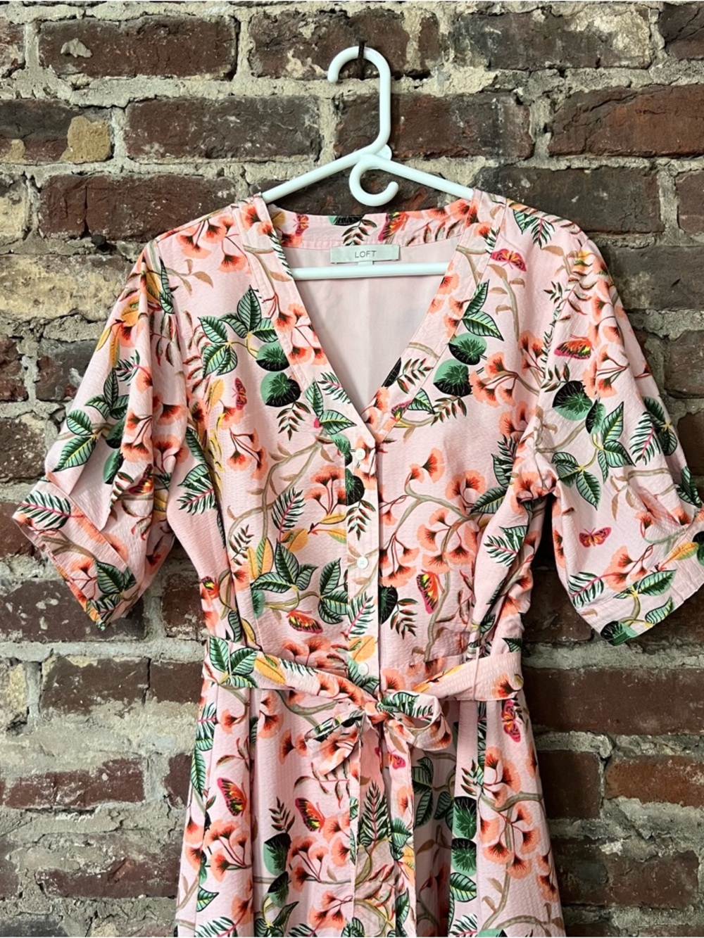 LOFT Peach-Pink Floral Midi Dress with Green Leaf Print - Picture 2 of 8